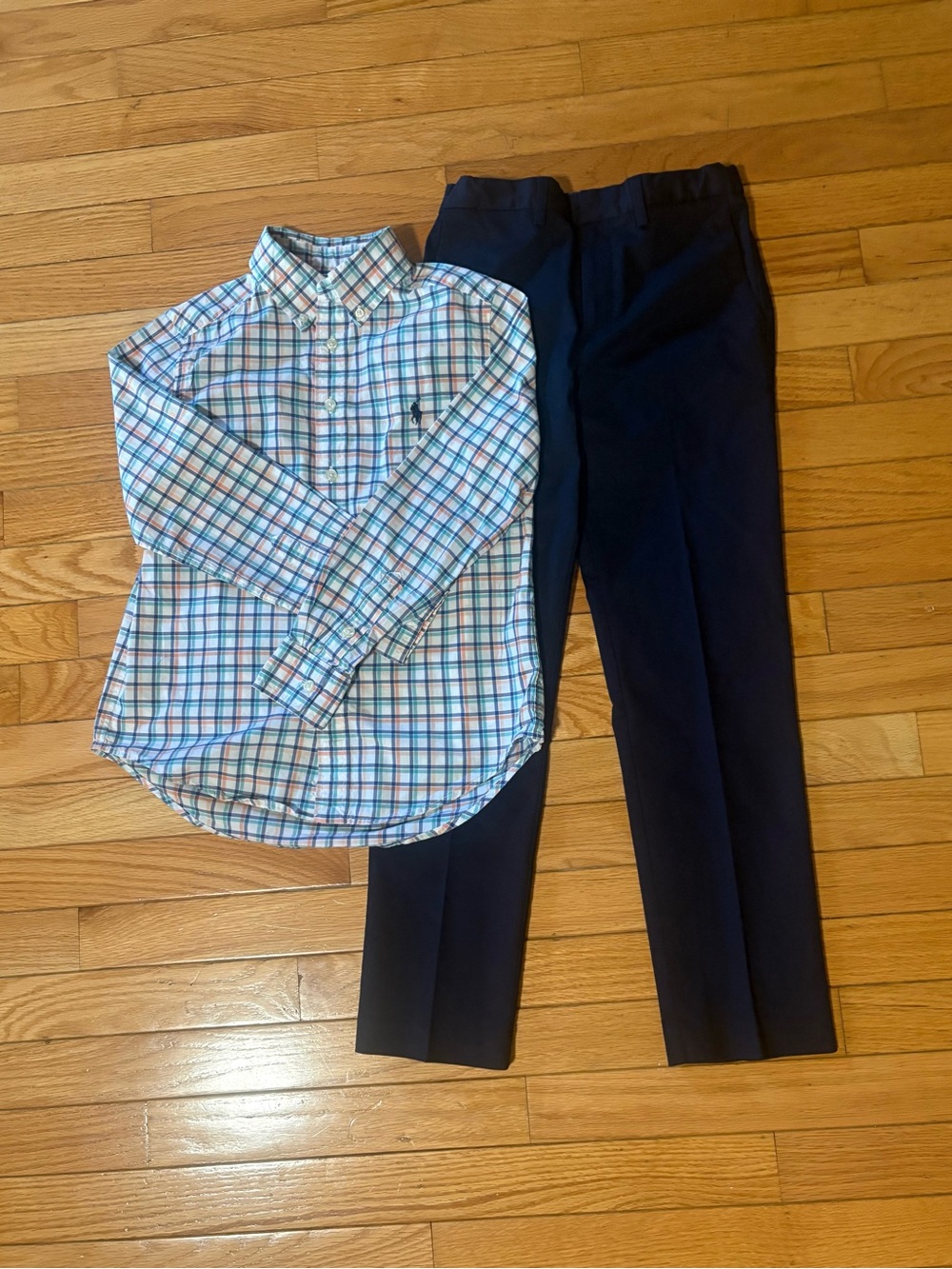 Ralph Lauren Boys White Plaid Button-Down Shirt & J.Crew Navy Pants Set Size 8